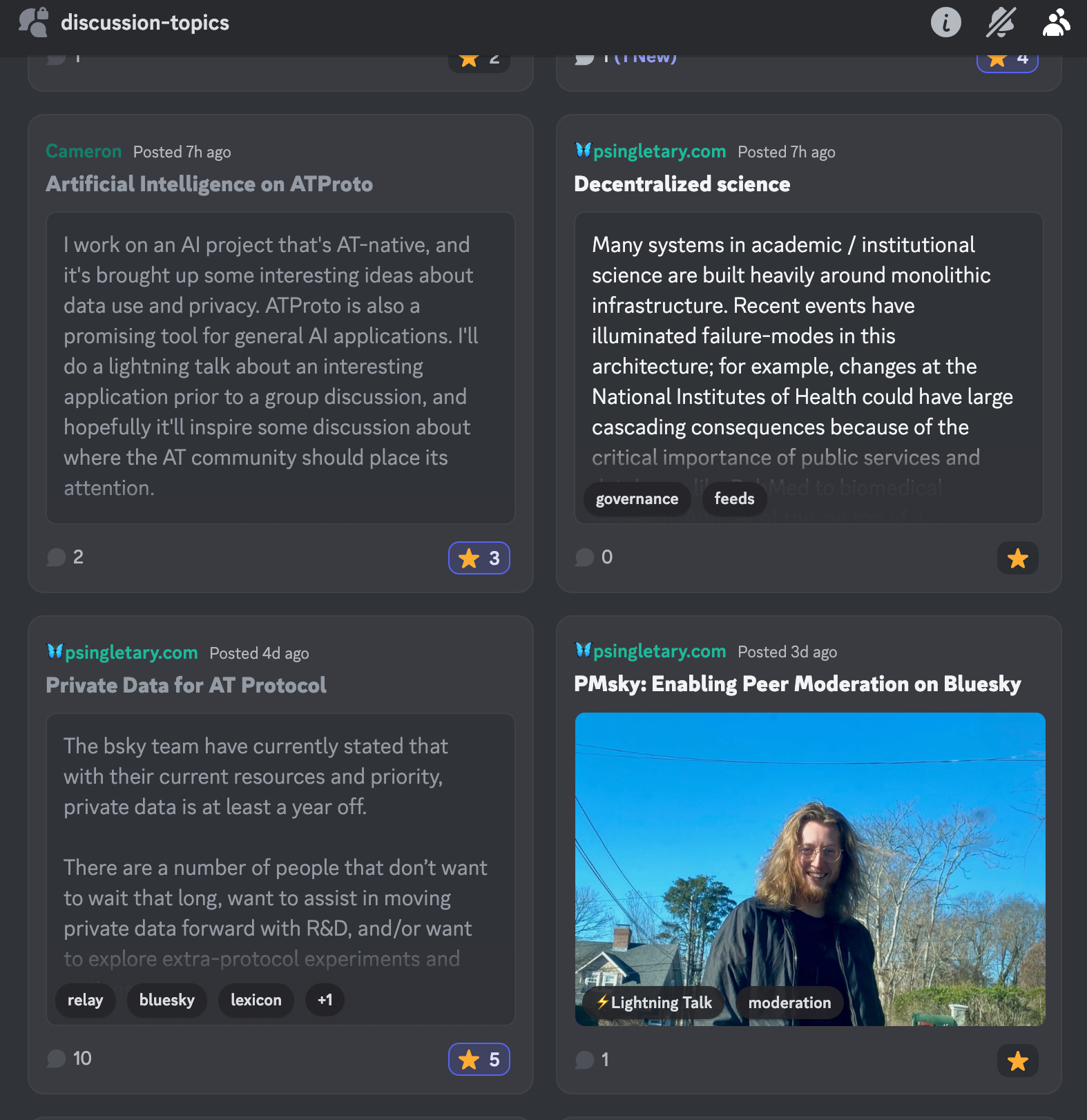 A screenshot of the Discord interface in gallery mode for viewing the "Discussion Topics" section of the Events Discord chat. Artificial Intelligence on AT Protocol, Private Data for AT Protocol, Decentralized Science, and Drew's PMsky lightning talk are those visible.